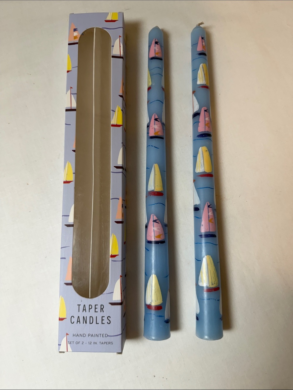 Anthropologie 12” Hand-Painted Sailboat Taper Candles - Blue with Pastel Sails
